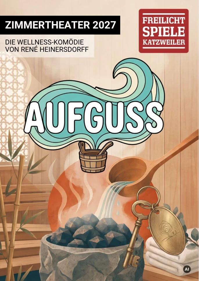 Plakat AUFGUSS, die Wellness-Komödie von René Heinersdorff, Zimmertheater 2027, Freilichtspiele Katzweiler (KI-generiertes Bild)